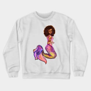 Mermaid  with rainbow coloured colored fins, outstretched  arm, brown eyes, Curly hair  and caramel brown skin - light background Crewneck Sweatshirt